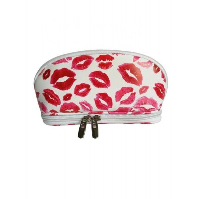 PU Leather Lips Printed Waterproof Toiletry Organizer Bag For Women With Brush Compartment